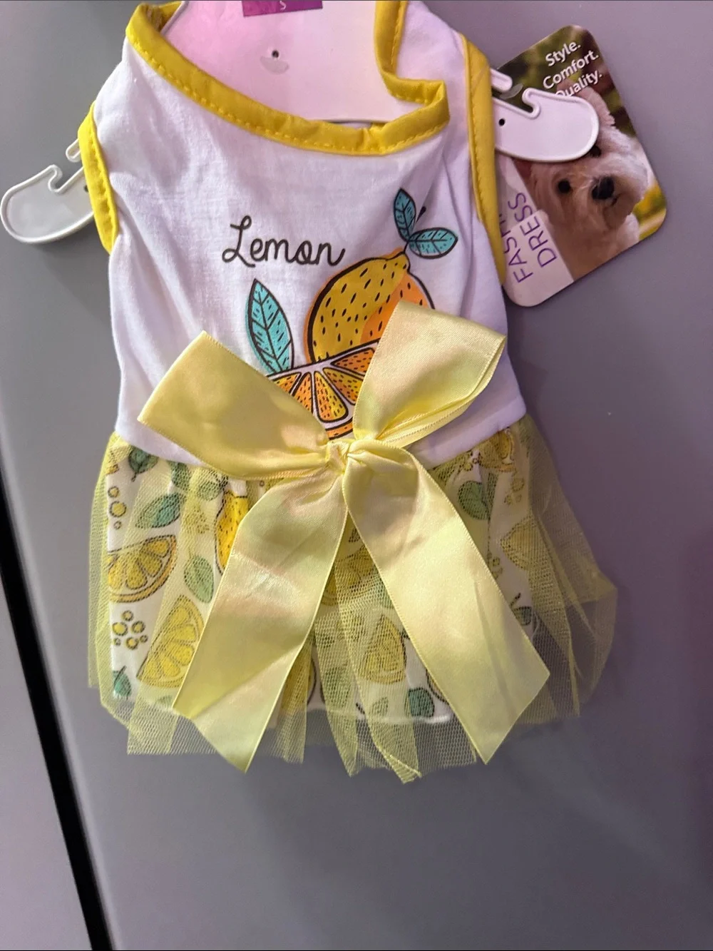 Lemon Print Dog Dress with Yellow Bow